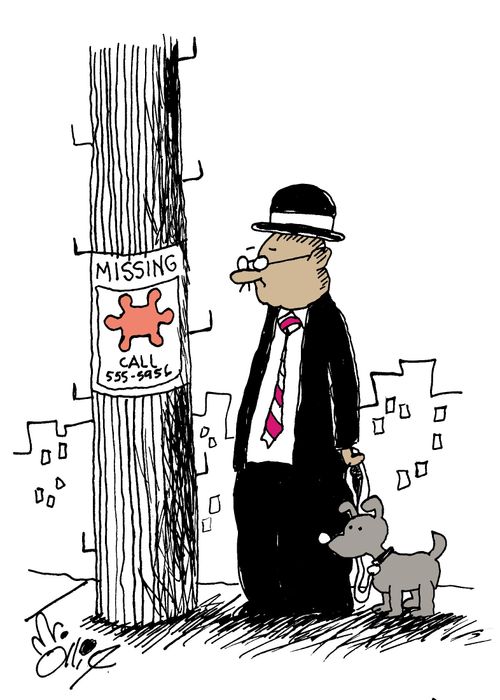 Man looking at "Missing" poster of a puzzle piece