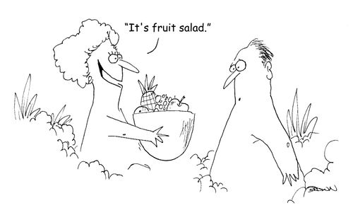 "It's fruit salad." (Eve offering Adam fruit salad in the garden of Eden)
