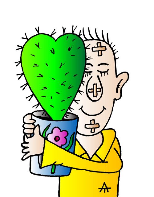 A man hugs a heart-shaped cactus