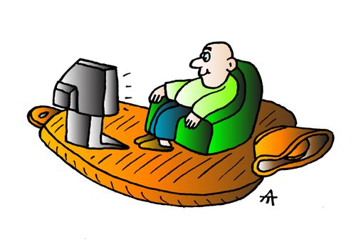 Man watching television on a hot water bottle