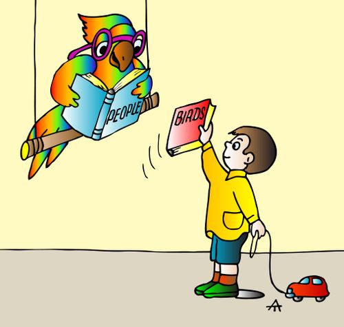 Child is read a book titled 'People' by a parrot.