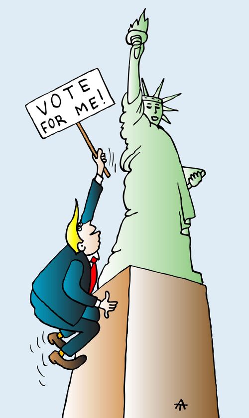 Trump holds 'Vote for Me!' sign at the bottom of the Statue of Liberty.