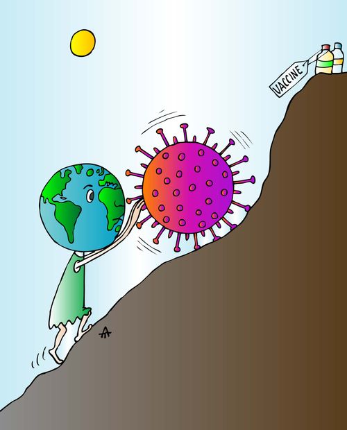 Earth as Sisyphus, attempting to push COVID-19 towards a vaccine.