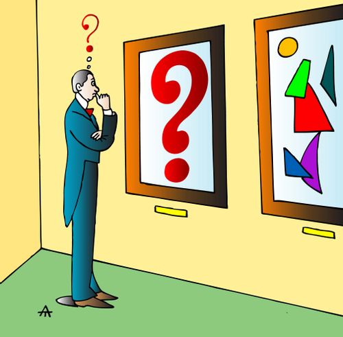 Man puzzled by a question mark in a painting.