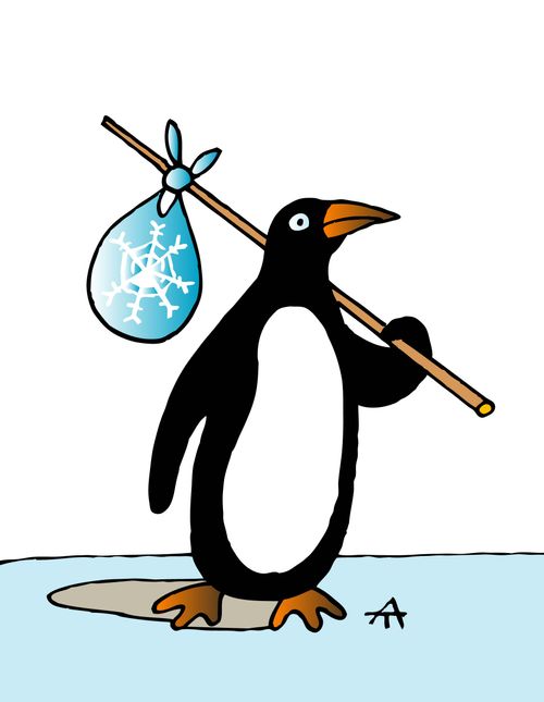 Penguin travels carrying a snowflake.
