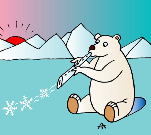Polar bear produces snowflakes as he plays a musical instrument.