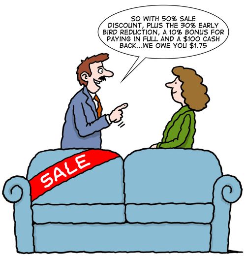 "So with 50% sale discount, plus the 30% early bird reduction, a 10% bonus for paying in full and a $100 cash back... we owe you $1.75"