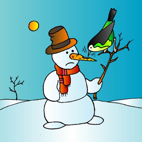 Snowman's carrot nose is pecked by a bird.