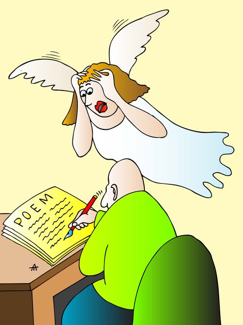 Angel despairs as she watches man write a poem.