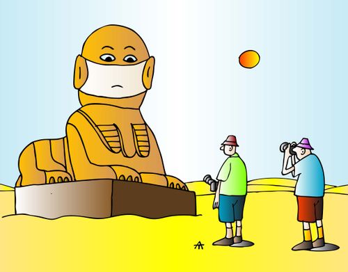 Sphinx in Eygpt wearing a facemask.