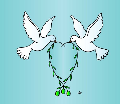 Two doves hold heart of peace.