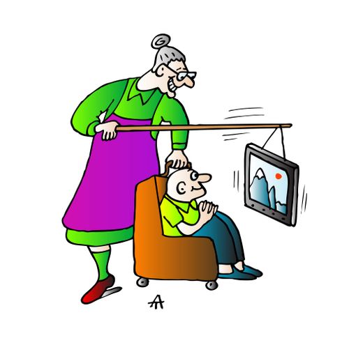 Woman holds the TV on a stick for her son.