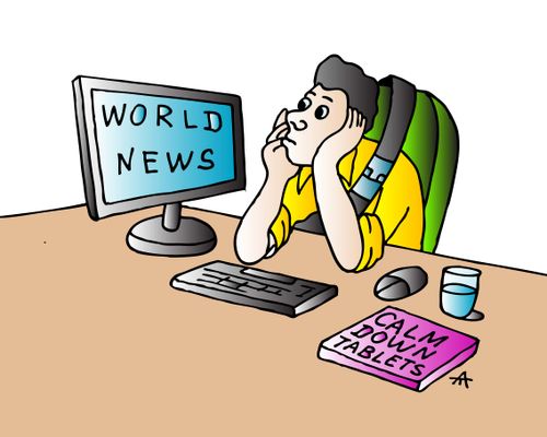 Man has a seatbelt and 'calm down tablets' to watch the world news.
