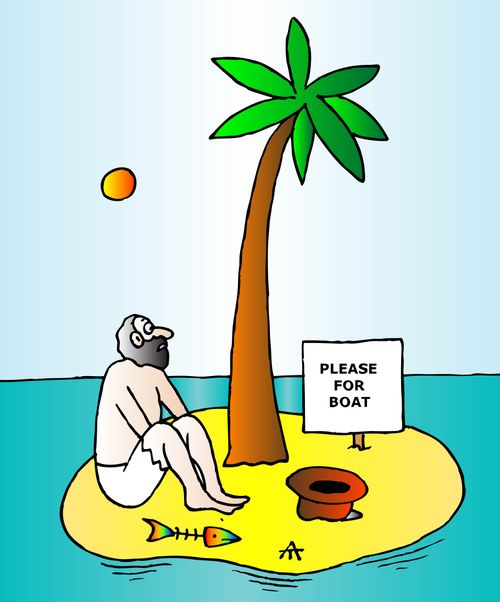 A castaway begs for money for a rescue boat