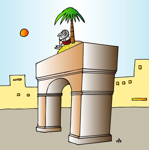 A man sits on a desert island on top of an arch