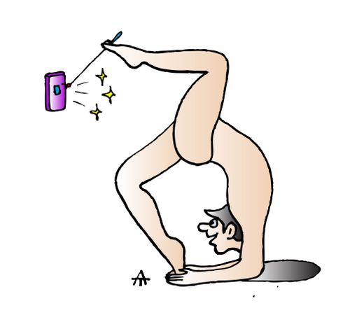 A naked acrobat takes a selfie