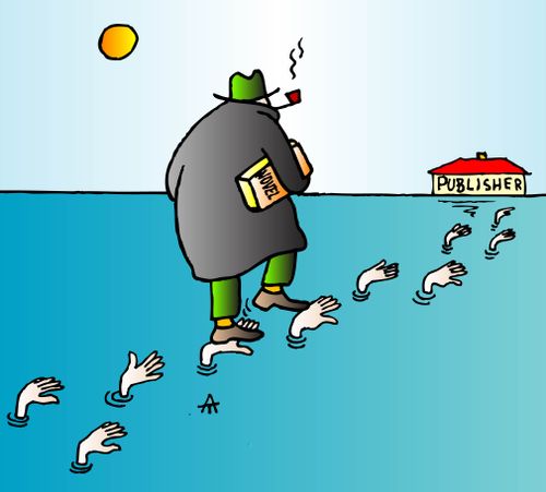 A writer walks over water towards a publisher