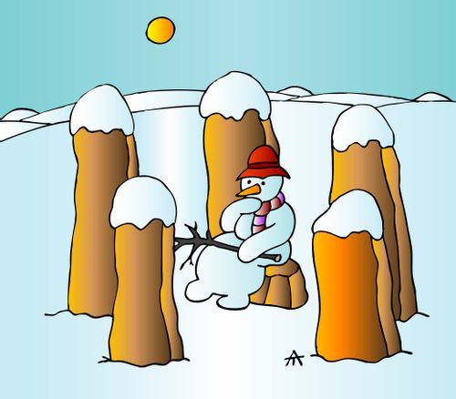 Snowman sitting among standing stones