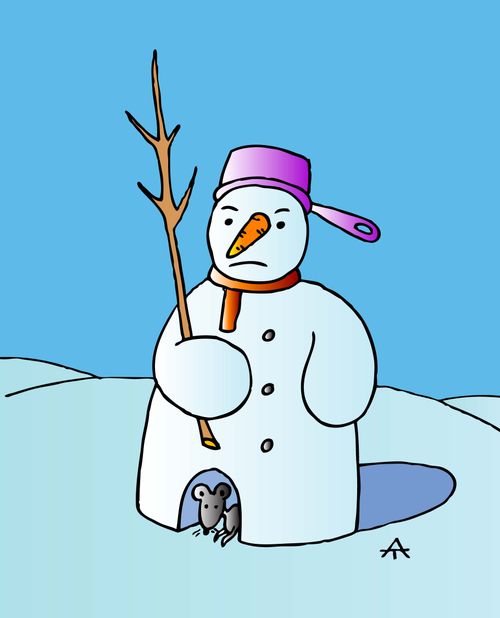 A snowman with a rodent problem