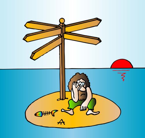 Man on island with a direction board