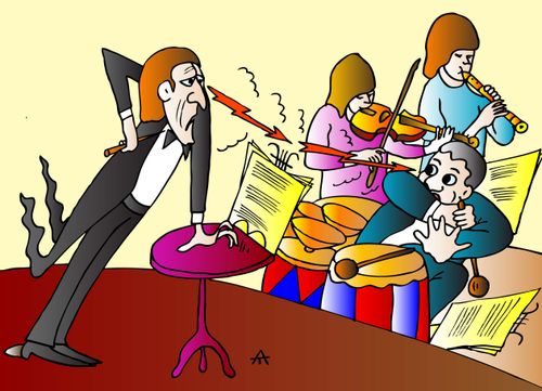 A conductor staring at a percussionist 