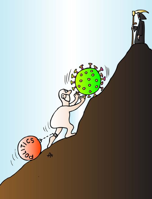 Sisyphus pushing coronavirus up a hill 