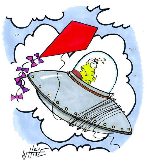 Alien spaceship gets tangled in a kite.
