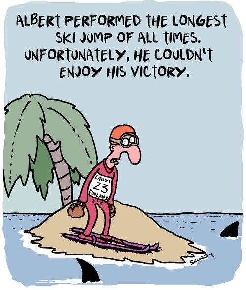Albert performed the longest ski jump of all times. Unfortunately, he couldn't enjoy his victory.