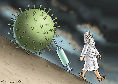 Sisyphus replaces himself with a COVID-19 vaccine.