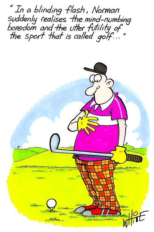 "In a blinding flash, Norman suddenly realises the mind-numbing boredom and utter futility of the sport that is called golf..."