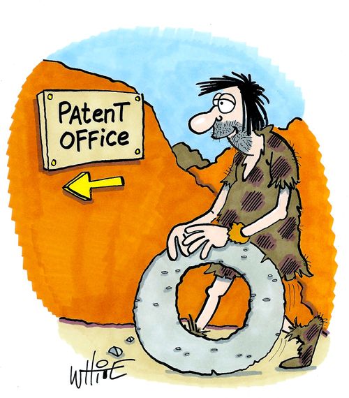 Caveman goes to get the wheel patented.