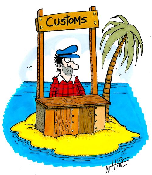 Man on desert island sets up a customs unit.