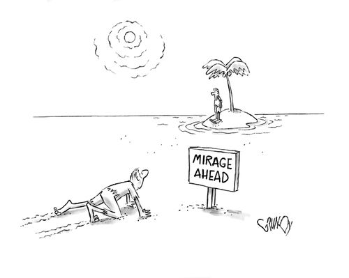 Man crawling through the desert sees mirage of desert island.