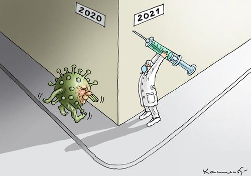 Man holding vaccine in 2021 waiting to attack COVID molecule.