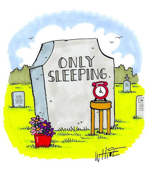 Headstone reading 'Only Sleeping'.
