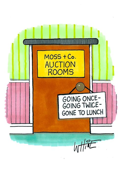 Auction Rooms 'Gone to lunch' sign.