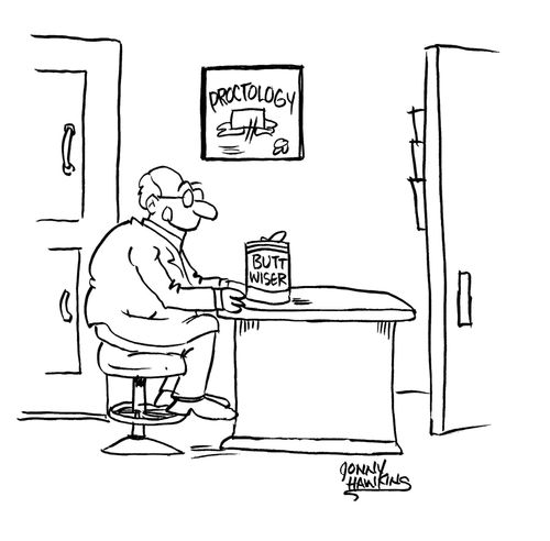 Proctologist drinking beer labeled "Butt Wiser"