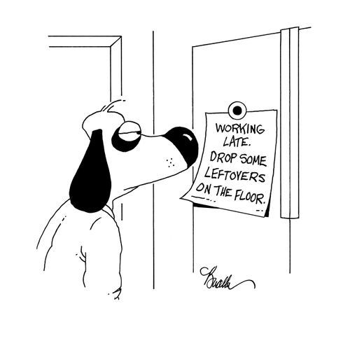 Dog is left a note reading 'Working late. Drop some leftovers on the floor.'.