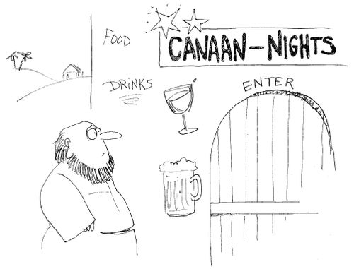 Biblical man standing in front of a bar called "Canaan-nights"