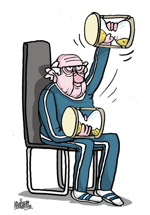 An old man exercising with hourglasses