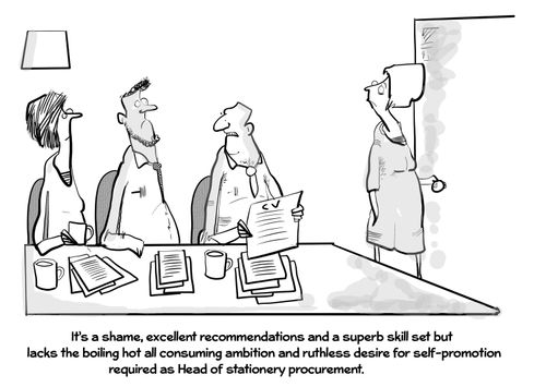 "It's a shame, excellent recommendations and a superb skill set but lacks the boiling hot all consuming ambition and ruthless desire for self promotion required as head of stationary procurement." 
