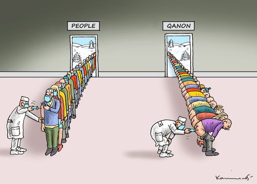 Vaccination queues marked 'people' and 'Qanon'