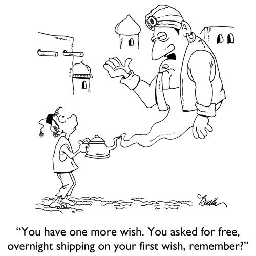 "You have one more wish. You asked for free, overnight shipping on your first wish, remember?"