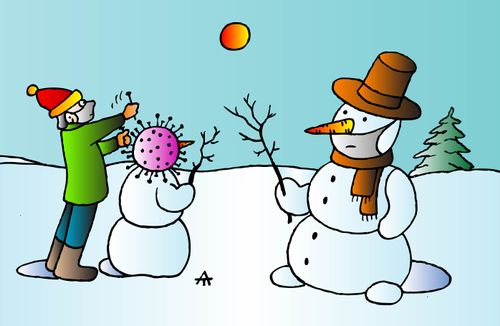 A child builds a snowman with a Coronavirus head