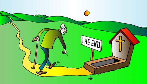 An old man walking towards his grave