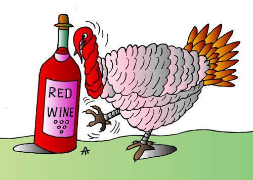 A Turkey kicks a red wine bottle