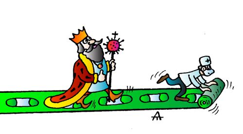 A doctor rolls out a carpet for a king with a Coronavirus sceptre 