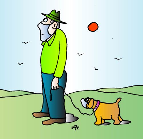 A man in a mask walks a dog in a mask
