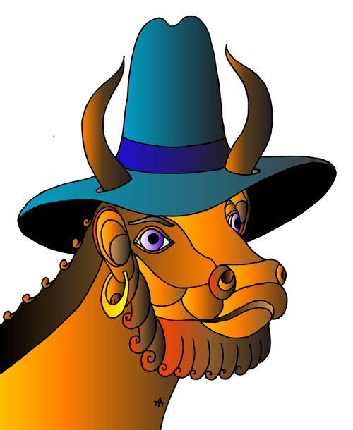 A bull wearing a fancy hat