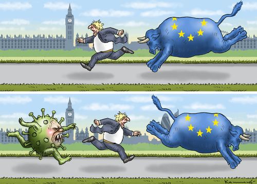 Boris Johnson running away from an EU bull and a Coronavirus